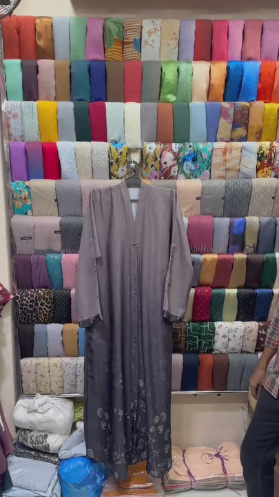 Grey Floral Printed Abaya crafted from soft Imported TikTok Nida fabric.